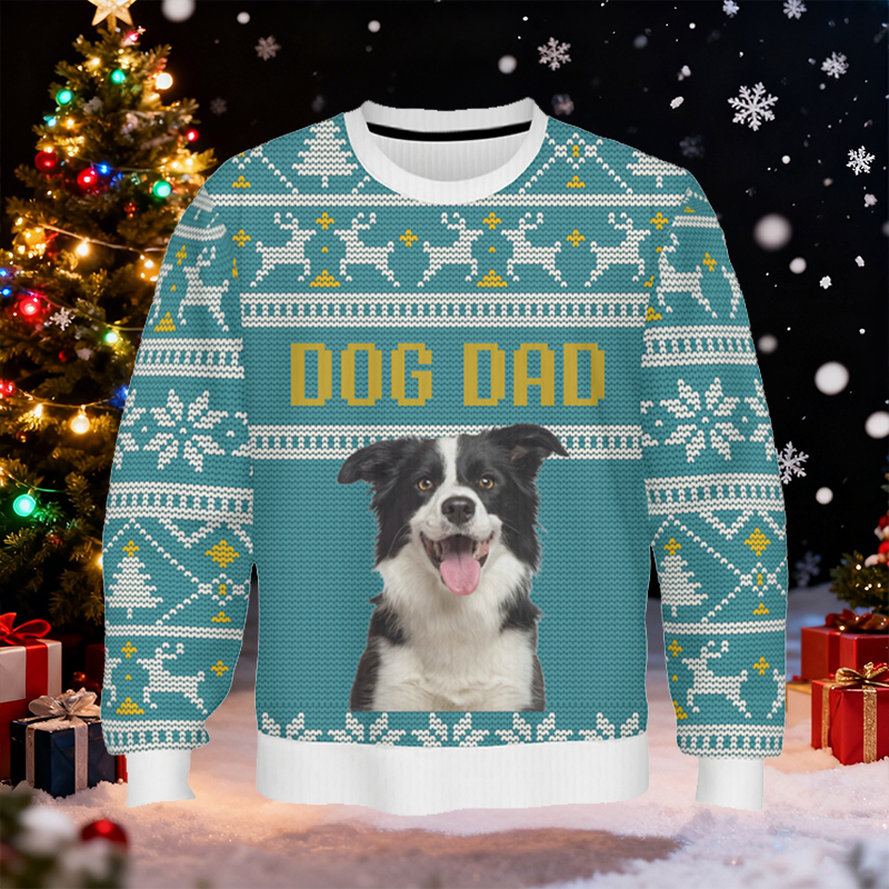 Gepersonaliseerde lelijke trui Unisex Op maat gemaakt met foto van huisdier Blauw argylepatroonontwerp Kerstcadeau voor dierenliefhebbers