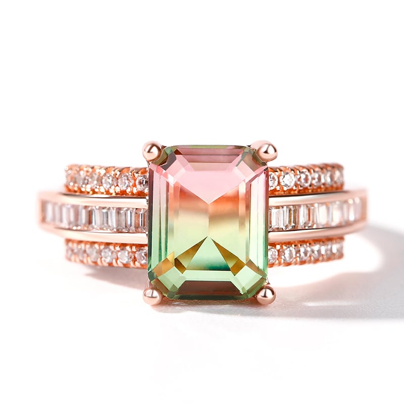 "One of a Kind" Sparkling Emerald Cut Sterling Silver Engagement Ring With Watermelon Stone