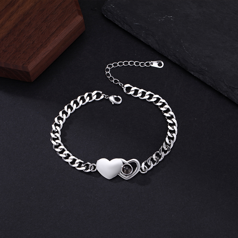 Personalized Projected Picture Bracelet With Double Layer Heart-Shaped Pendant Gift For Boyfriend
