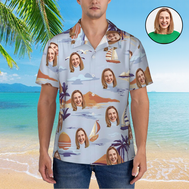 Personalized Hawaiian Shirt with Sea Sailing Print Custom Photo Vacation Gift for Couples