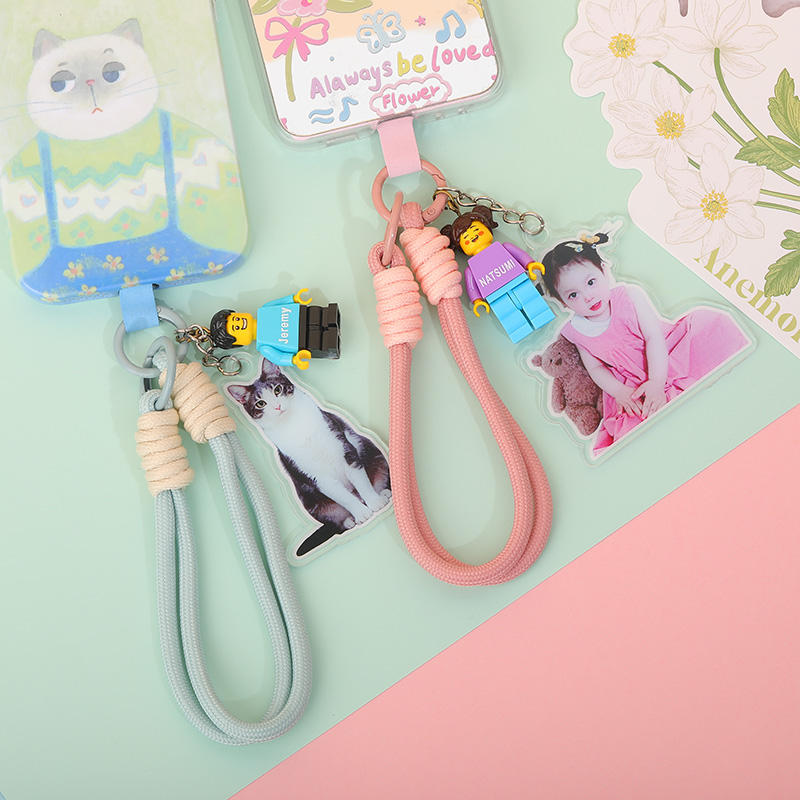 Personalized Braided Rope Phone Chain with Minifigure and Acrylic Photo Gift