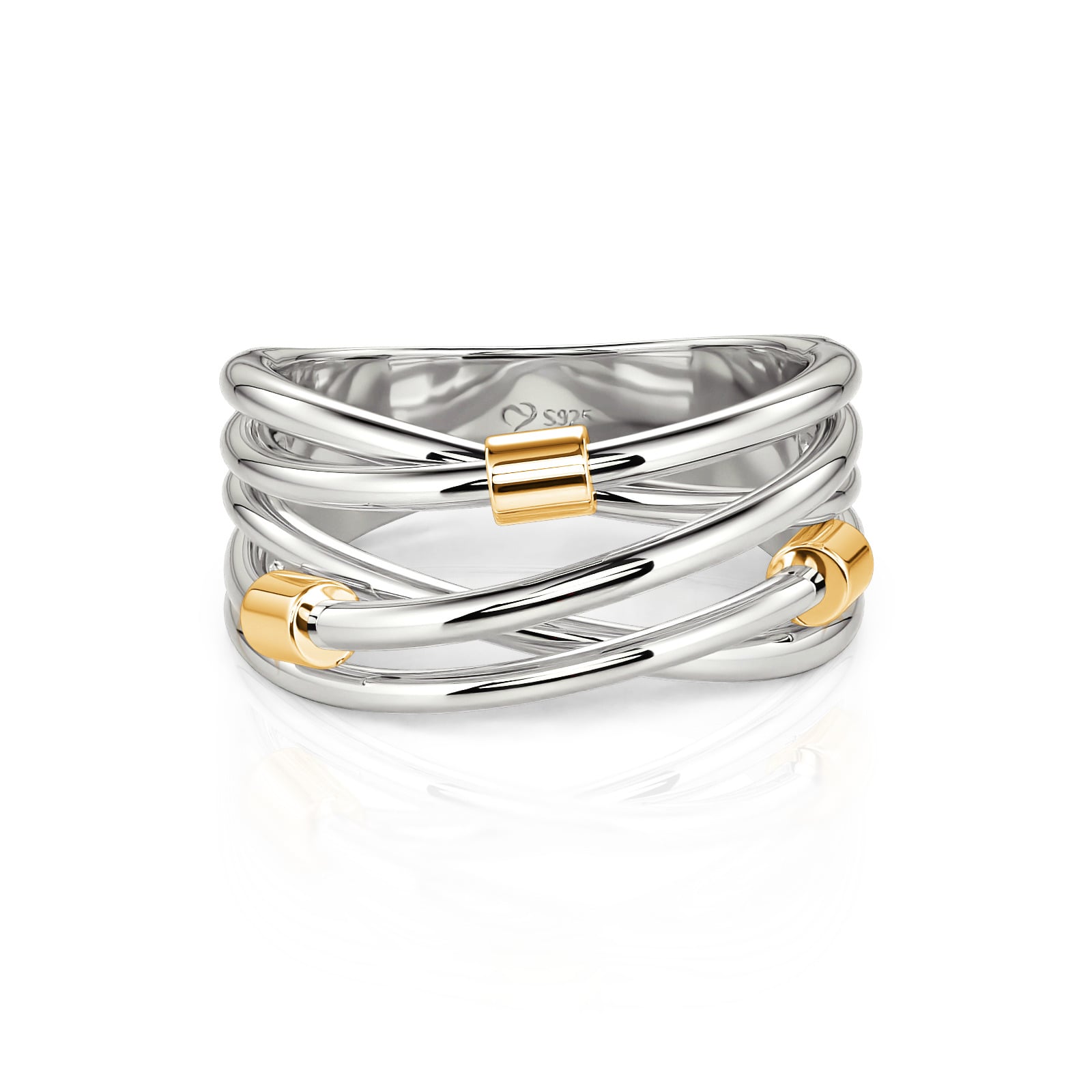 Unique Two Tone Crossover Sterling Silver Rings for Women in Yellow Gold / Rose Gold
