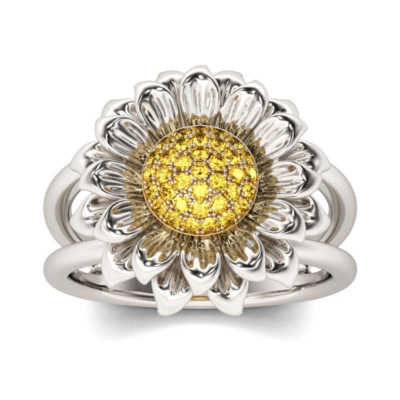 Sunflower Ring with Round Cut Yellow Stone Sterling Silver Cocktail Ring
