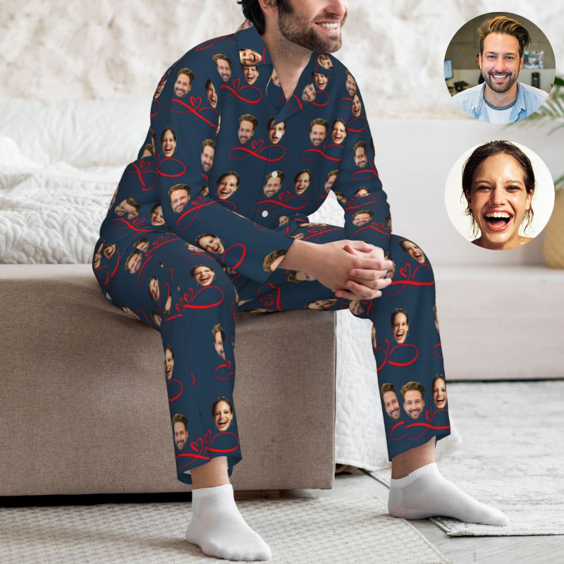 Personalized Pajamas Custom Couple Photo Infinite Love Pattern Design Perfect Gift for Lovers