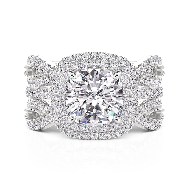 Jeulia Double Halo Inset Wedding Ring Set Sterling Silver
