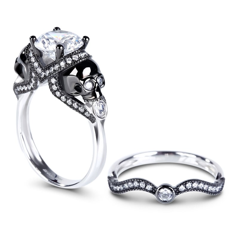 Two Tone Round Cut Skull Wedding Ring Set Sterling Silver Bridal Set