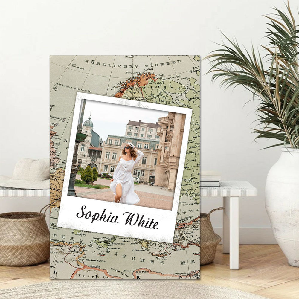Personalized Picture Canvas Wall Art with Map Background Creative Gift for Friend