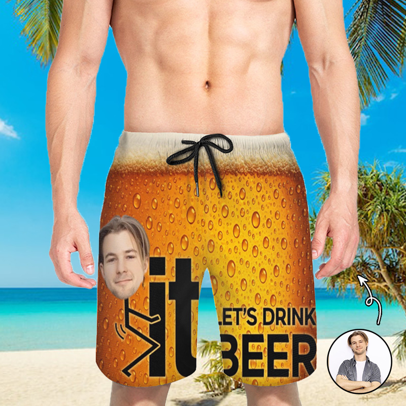 Personalized Picture Men's Beach Shorts with Beer Background Design Creative Gift for Boyfriend