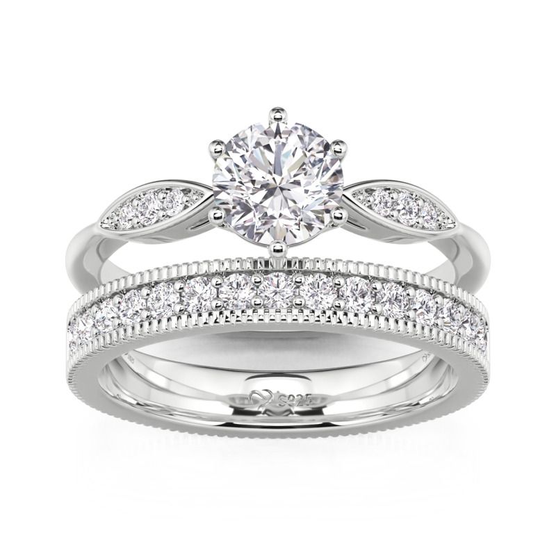 Jeulia Round Cut Engagement Ring and Milgrain Wedding Band Set