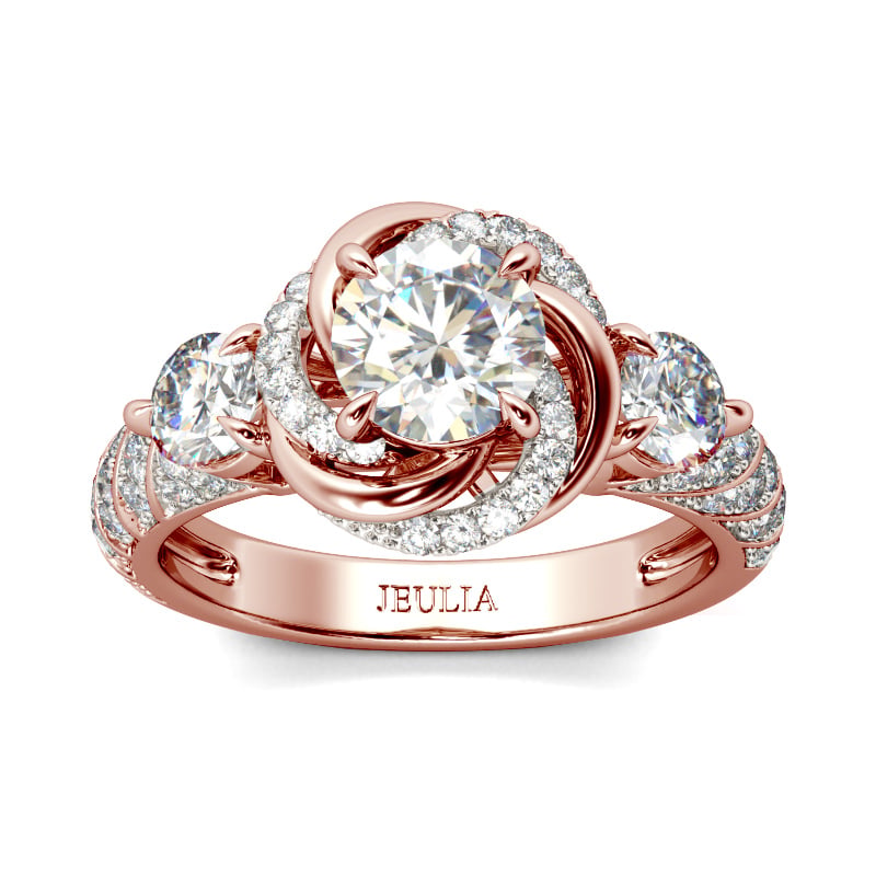 Floral Halo Round Cut Rose Gold Engagement Rings in Sterling Silver