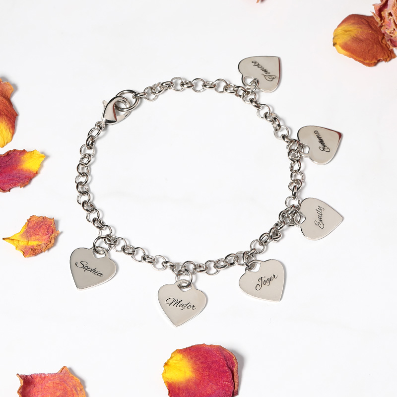 "All My Heart Belongs To You" Engraved Bracelet With Six Heart Names