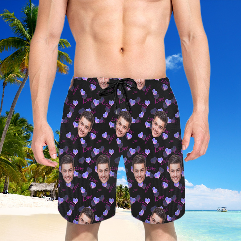 Foto personalizzata Pantaloncini da spiaggia da uomo con motivo a cuore viola Regalo carino per fidanzato