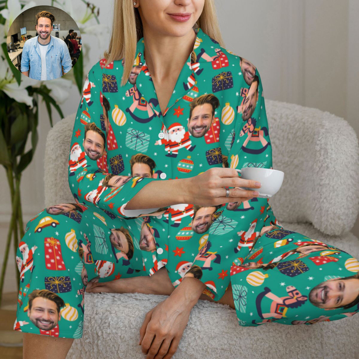 Personalized Pajamas Custom Photo Santa Claus Hobbyhorse Cute Pattern Design Gift for Family