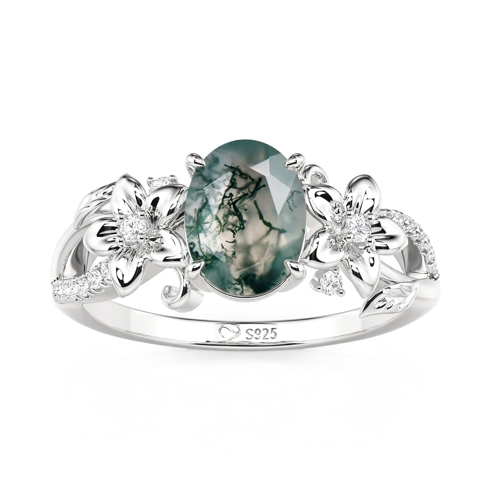 Jeulia Floral Twist Oval Moss Agate Engagement Ring