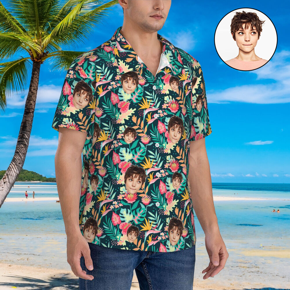 Personalized Men's Shirt Tropical Style Custom Face Photo Leaves Print for Him