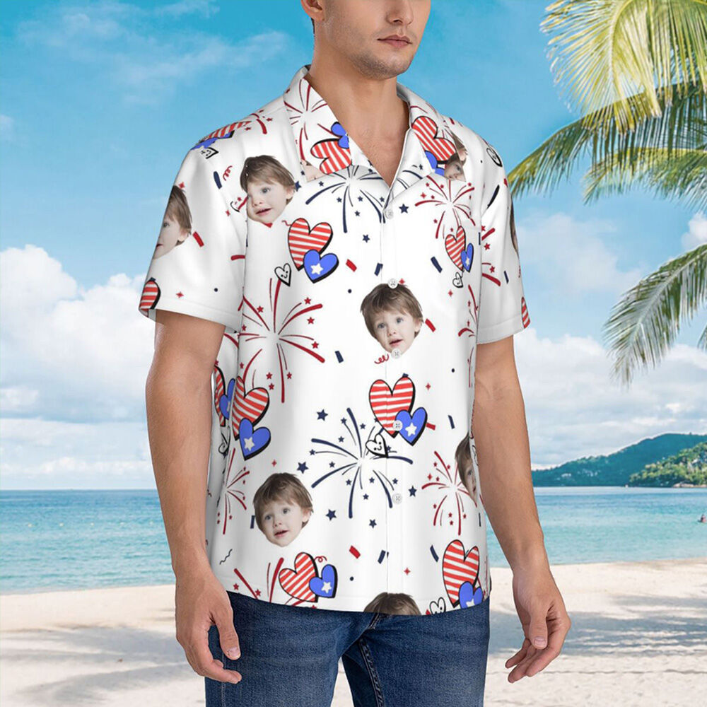 Personalized Hawaiian Shirt with Fireworks and Hearts Father's Day Gift for Dad