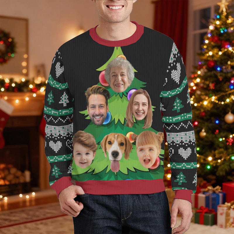 Personalized Ugly Sweater Unisex Custom Face Photo Christmas Tree Creative Design Gift for Family