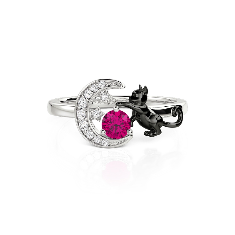 Jeulia Custom Black Cat Moon and Star Ring With Birthstone