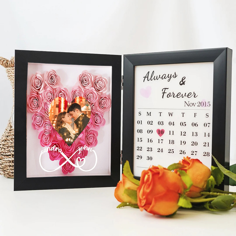 Personalized Photo Flower Shadow Box Infinite Love Custom Calendar Design Perfect Gift for Lover's Anniversary