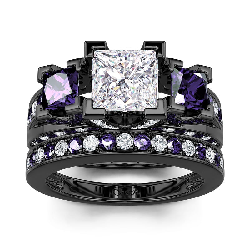 Unique Three Stone Black Wedding Ring Sets in Princess Cut, Sterling Silver
