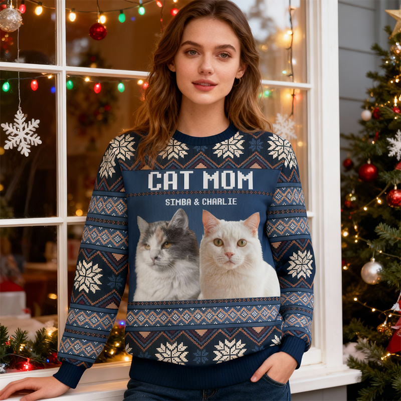 Personalized Ugly Sweater Unisex Custom Pet Photos Festive Blue Design Perfect Christmas Gift for Pet Lovers