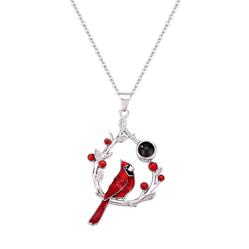 Personalized Picture Projection Necklace with Cardinal Bird in Droplets  "We Are Always with You"