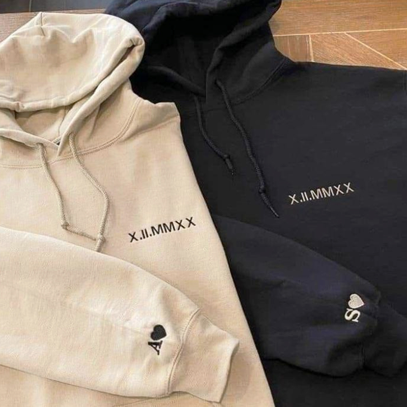 Personalized Hoodie Embroidered Lateral Roman Numeral Date and Initial Great Gift for Anniversary