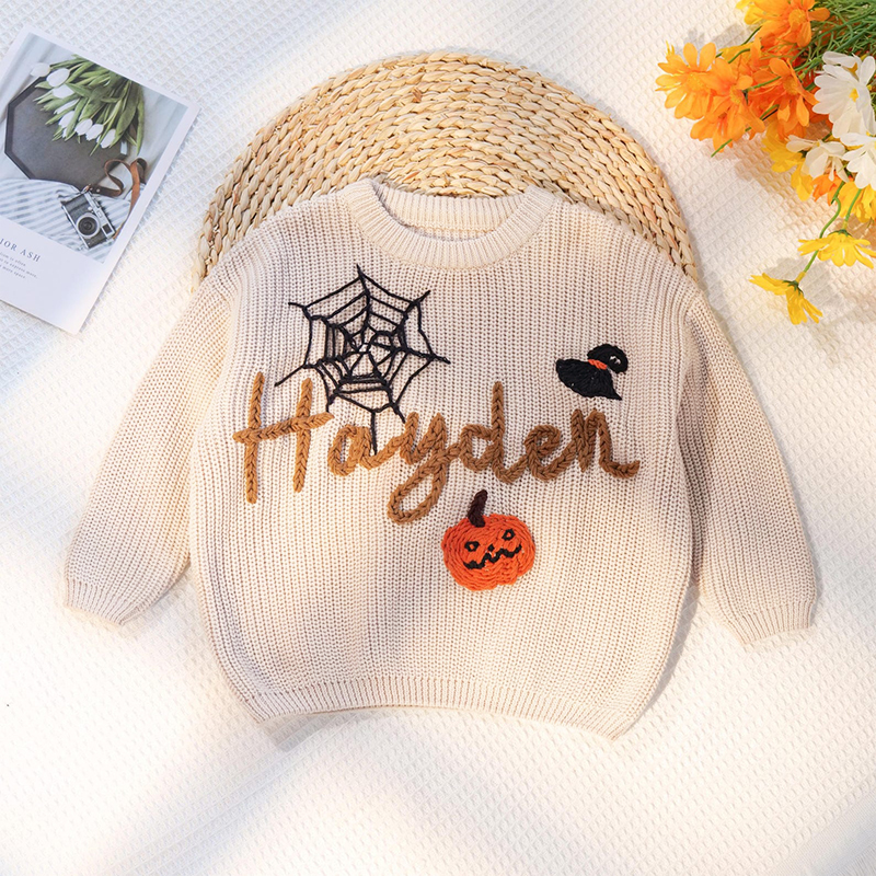 キッズ  ニット セーター 蜘蛛の巣 名前入り ハロウィン ギフト 秋 個性的 女の子 男の子 幼稚園 カスタマイズ