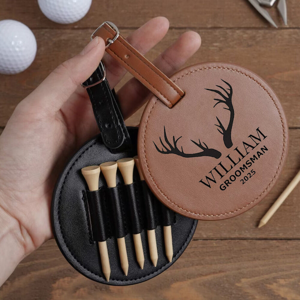Porte-tee de golf rond personnalisé en cuir avec nom personnalisé, cadeau spécial pour garçons d'honneur