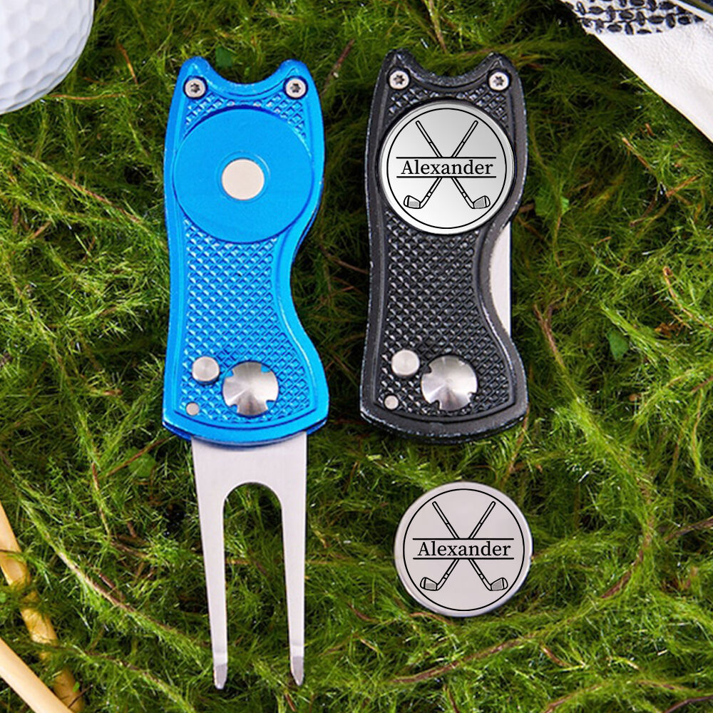 Custom Golf Divot Repair Tool with Ball Marker Add Name Folding Green Fork for Golfers