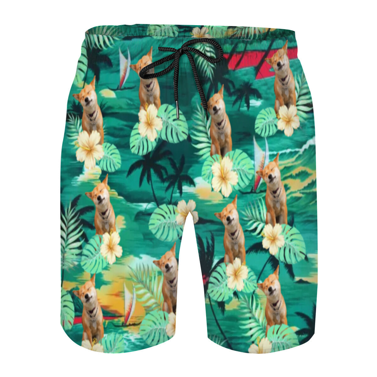 Personalized Picture Men's Beach Shorts with Leaves Pattern Perfect Gift for Brother