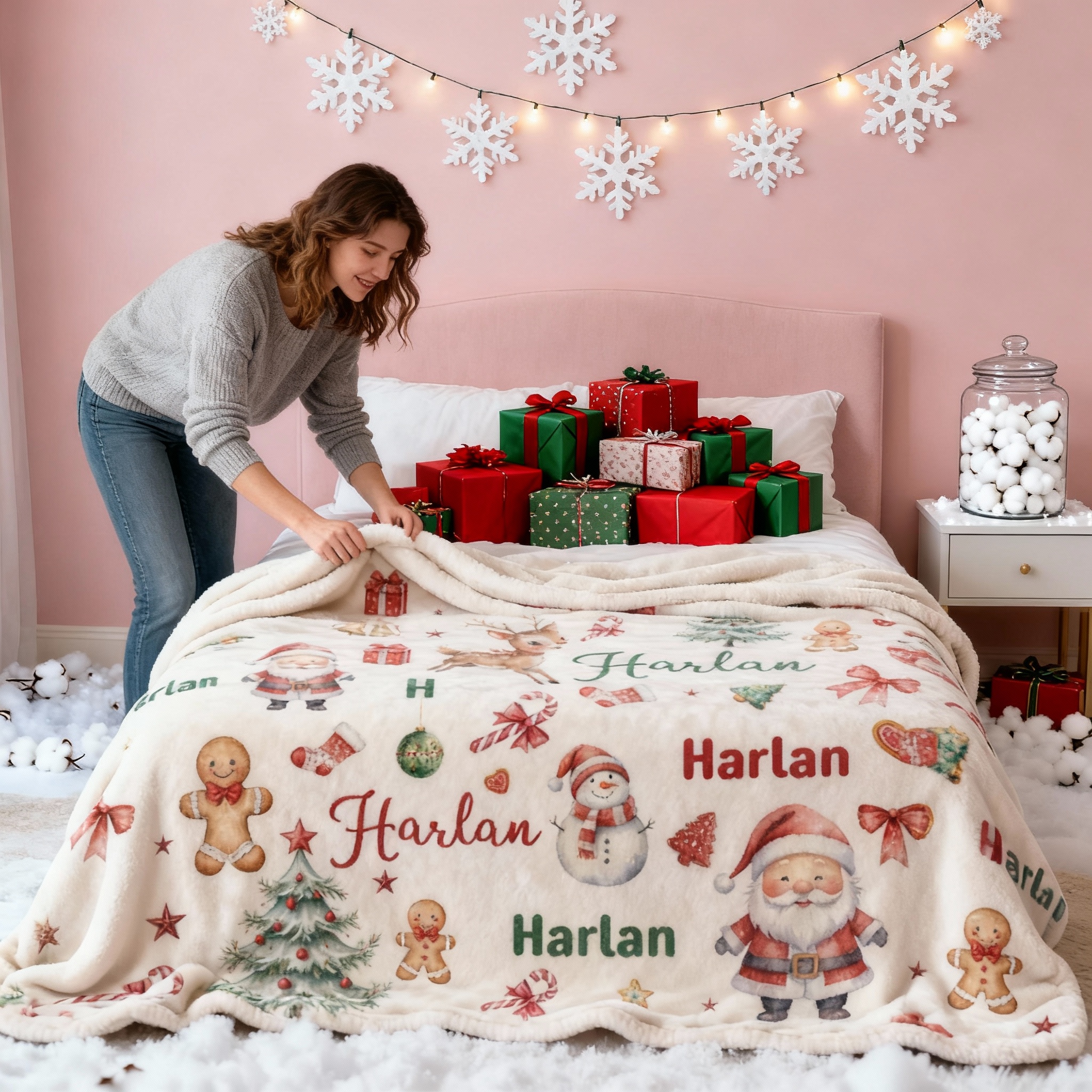 Manta con nombre personalizado y estampado de Papá Noel, regalo creativo para Navidad.