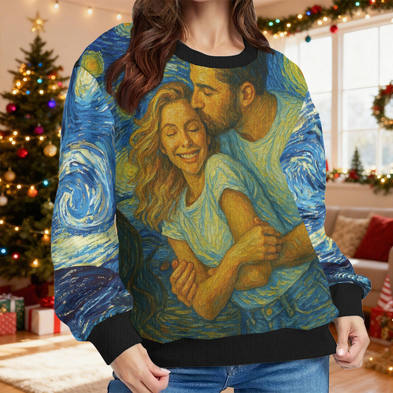 Personalisierter hässliche Weihnachtspullover Unisex Individuelles Foto Sternennacht-Kunststil-Design Kreatives Geschenk für Paare