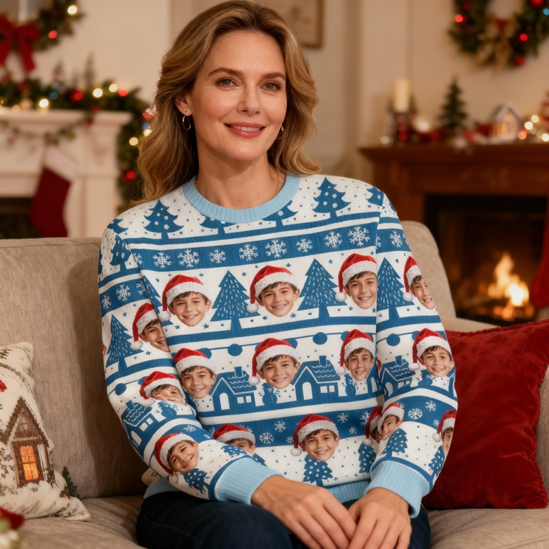 Gepersonaliseerde lelijke trui unisex met eigen gezichtsfoto blauw sneeuwlandschap ontwerp perfect kerstcadeau voor familie