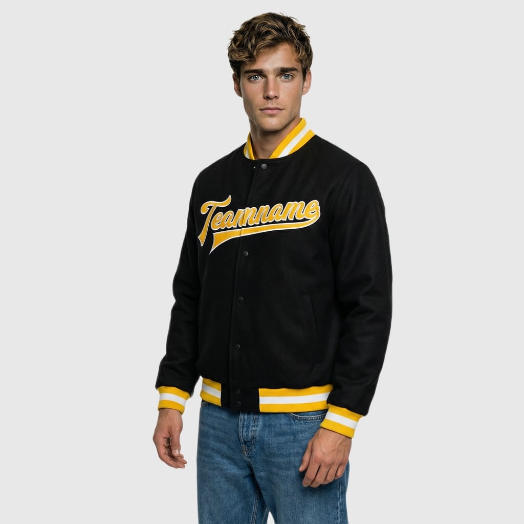 Custom Black Full-Snap Varsity Letterman Jacket Ideal for Everyday Casual Outings