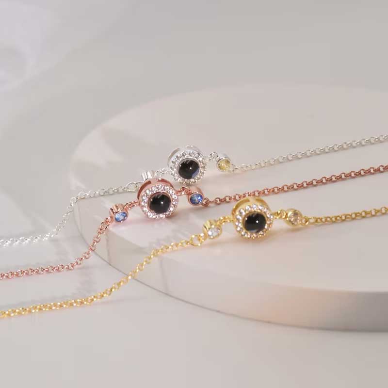 Personalized Projection Photo Bracelet Round Pendant With Diamonds And Birthstone Christmas Gift