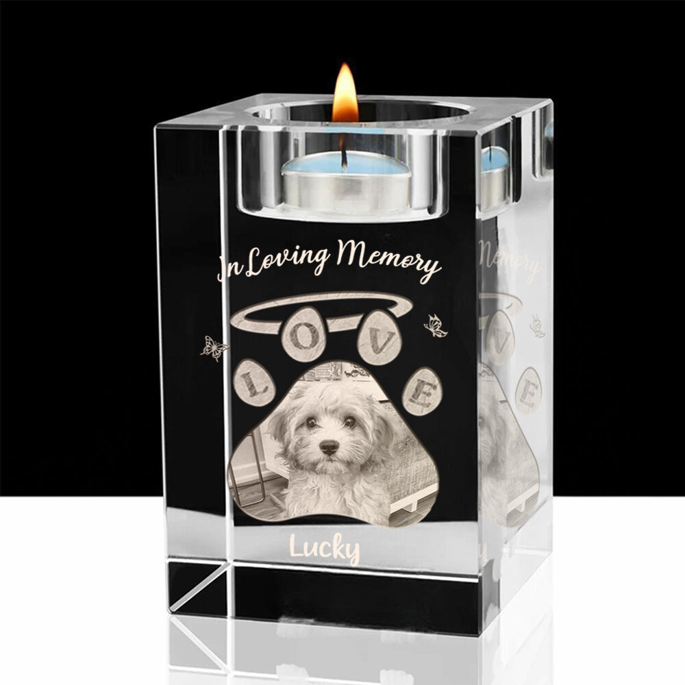 Personalized Crystal Candle Holder with Paw Print Photo Frame Effect Home Deco for Pet Lovers