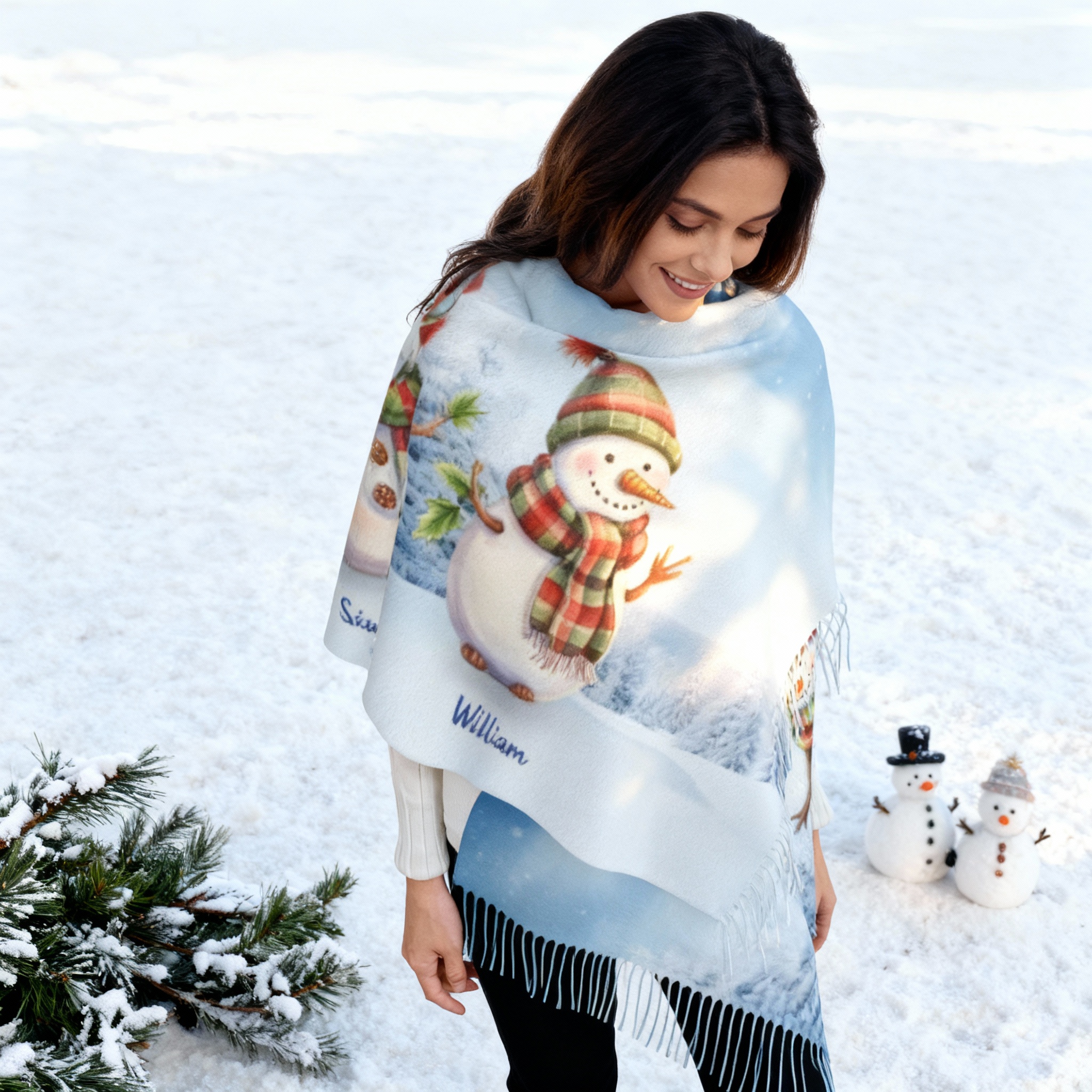 カスタマイズ 名入れ スカーフ ストール 大判 雪だるま