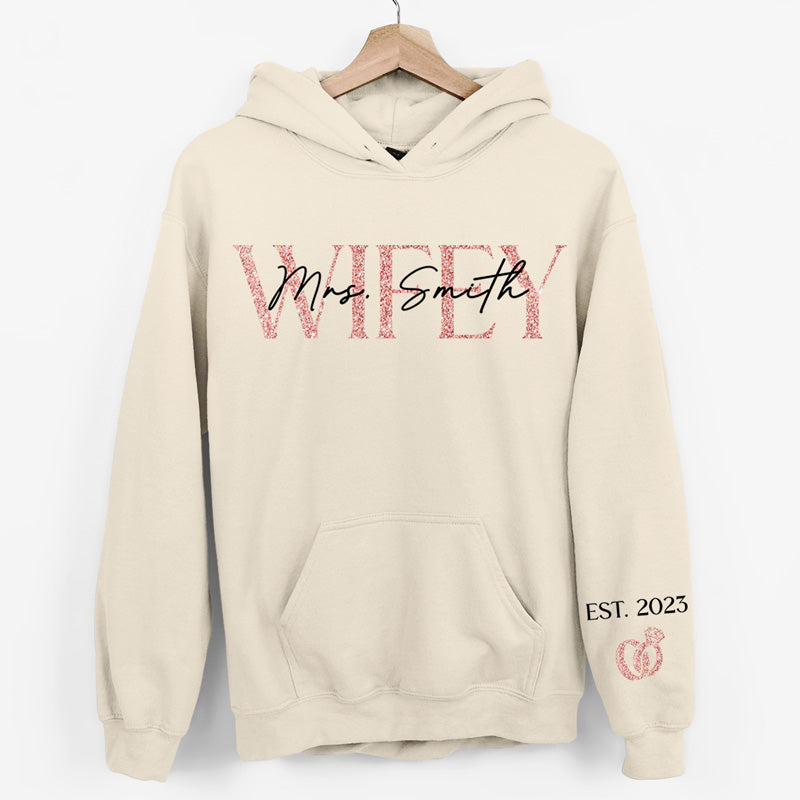 Personalized Sweatshirt Wifey and Diamond Ring with Custom Name Design Unique Gift for Couples