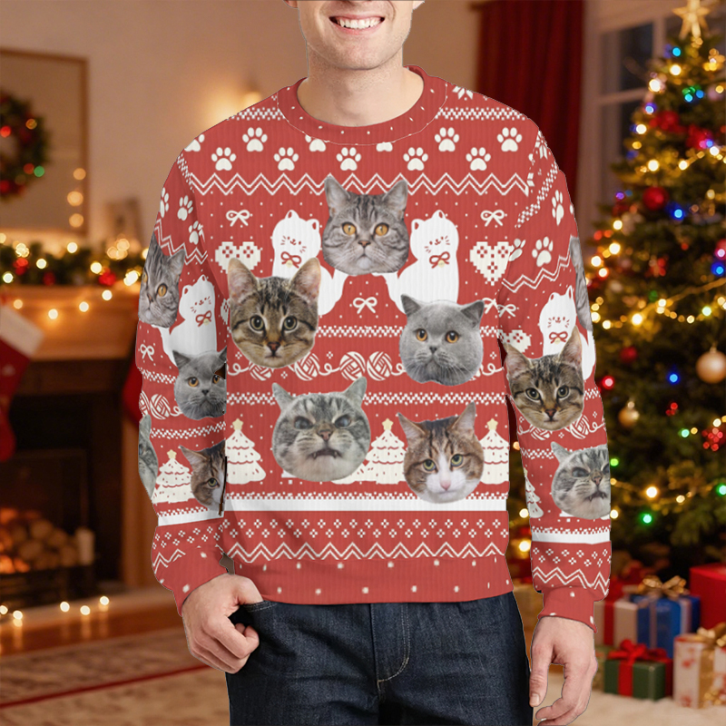 Pull moche personnalisé unisexe avec photo de tête de chat adorable cadeau de Noël pour les amoureux des animaux