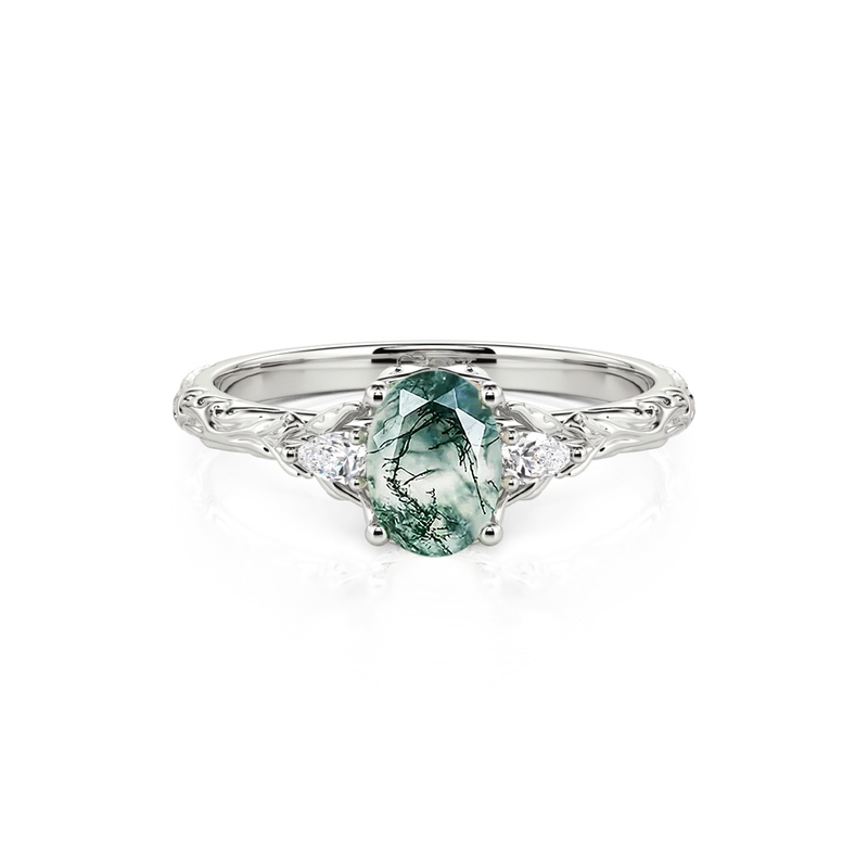Jeulia Three Stone Moss Agate Wedding Ring