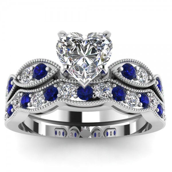 Sapphire Blue Milgrain Heart Cut Sterling Silver Bridal Sets
