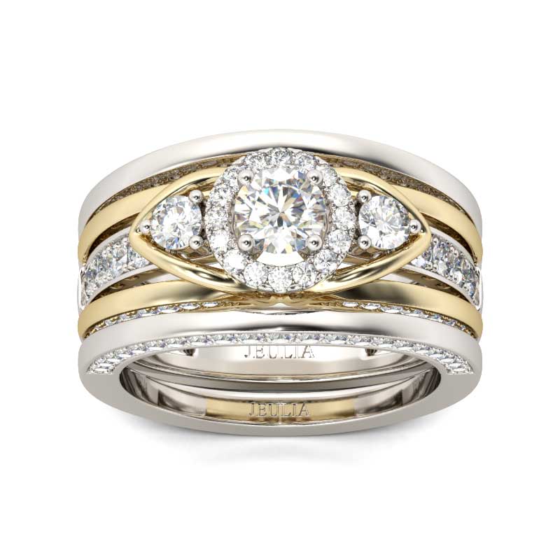 Classic Three Stone Round Cut Wedding Ring Sets in Yellow Gold