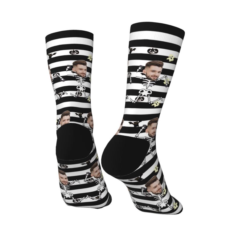 Customized Face Socks Black and White Striped Socks Spoof Skull Halloween Gift for Friends