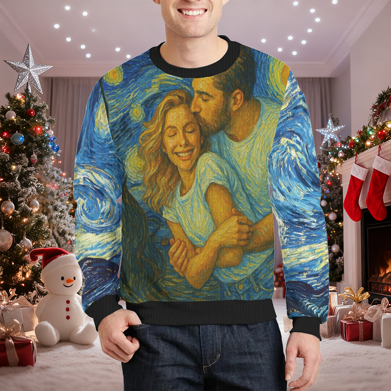 Personalisierter hässliche Weihnachtspullover Unisex Individuelles Foto Sternennacht-Kunststil-Design Kreatives Geschenk für Paare