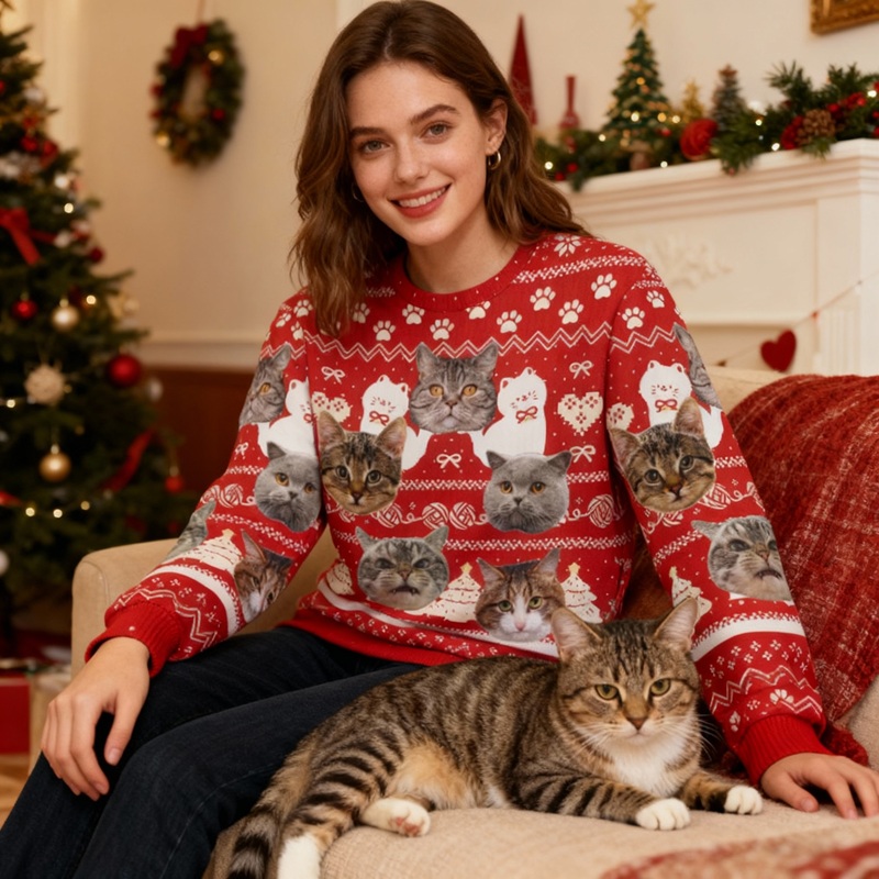 Pull moche personnalisé unisexe avec photo de tête de chat adorable cadeau de Noël pour les amoureux des animaux