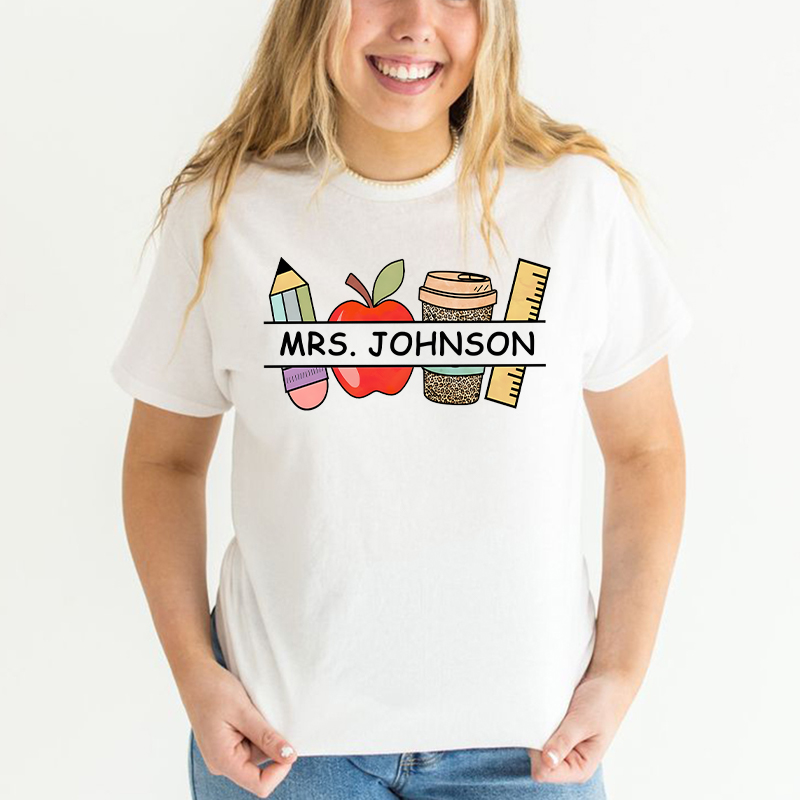 Personalized T-shirt Pencil Apple Coffee Rule Pattern Design Perfect Gift for Teachers