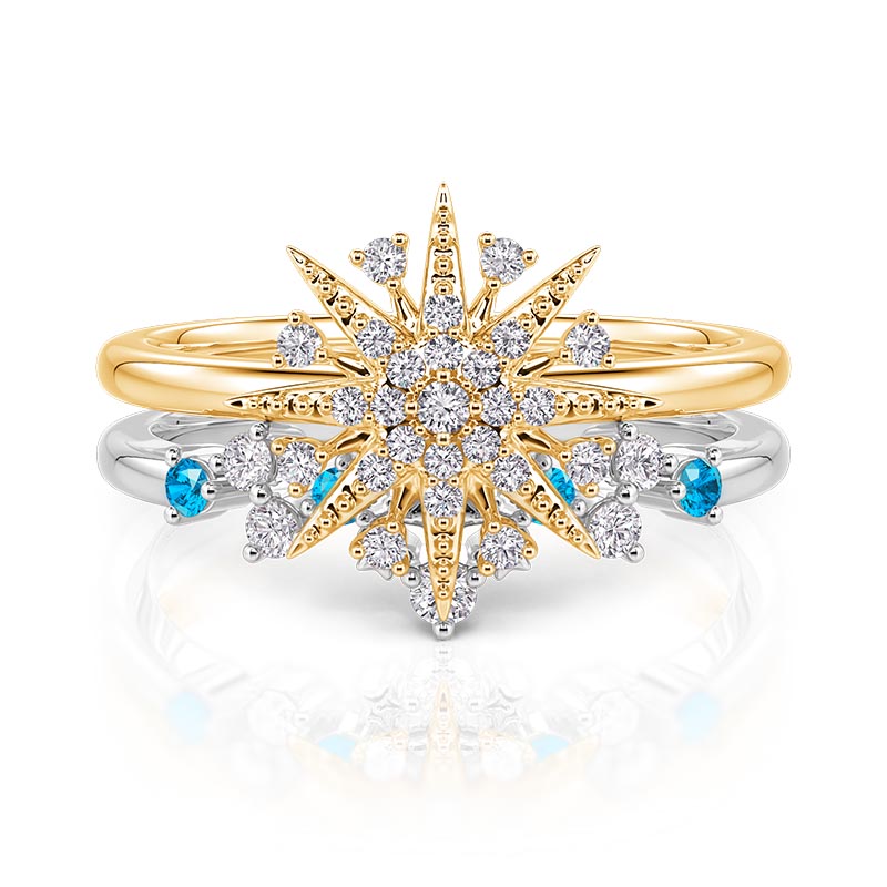 Jeulia Luna Astra Two Tone Starburst Puzzle Ring Set Sterling Silver