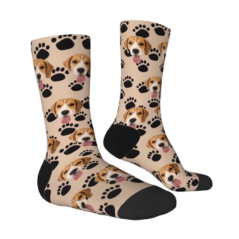 Calcetines faciales personalizables con foto de mascota y huellas de patas de perro negras