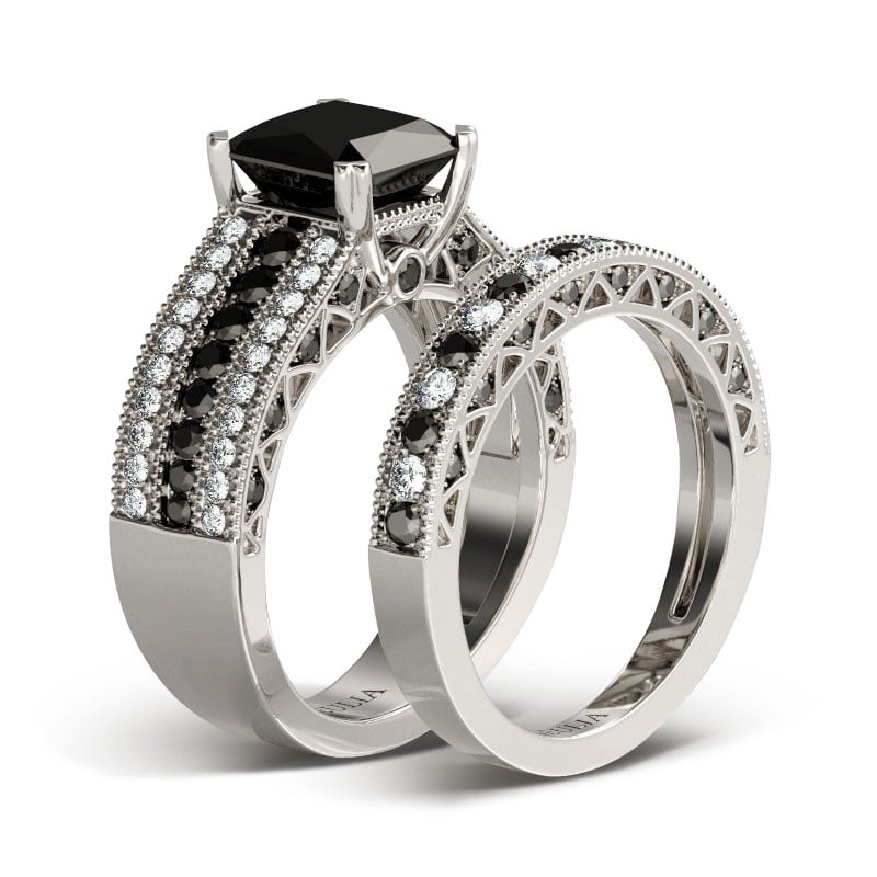 Black Stone Princess Cut Bridal Sets in Sterling Silver
